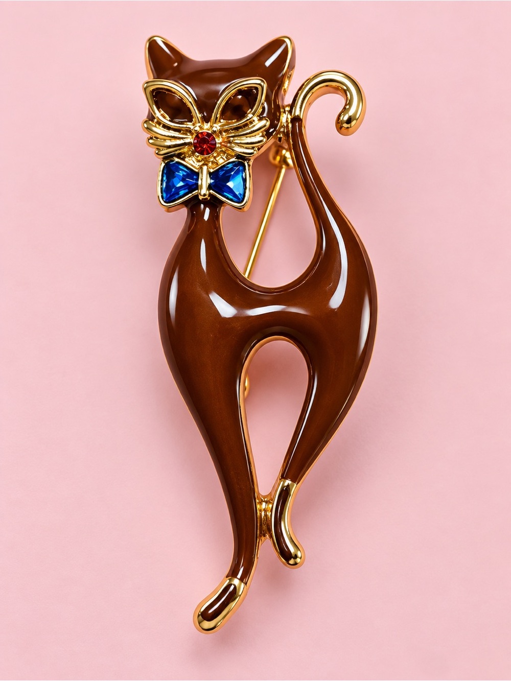 Elegant Brown Cat Brooch Pin with Blue Bow Accent